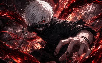 Ken Kaneki, 4k, darkness, battle, Tokyo Ghoul characters, artwork, Kaneki Ken, mask, protagonist, Tokyo Ghoul, Ken Kaneki art, Ken Kaneki Tokyo Ghoul