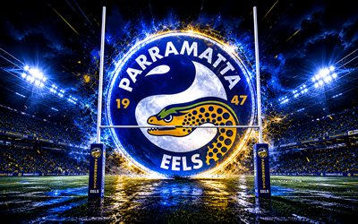 logotipo abstracto de anguilas parramatta, 4k, fondo abstracto azul, estadio de rugby, nrl, rugby, logotipo de anguilas de parramatta, emblema de anguilas de parramatta, equipo australiano de rugby, anguilas parramatta