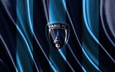 4k, Paris FC logo, Ligue 2, blue silk texture, Paris FC flag, French football club, silk flag, Paris FC emblem, France, Paris FC badge, Paris FC