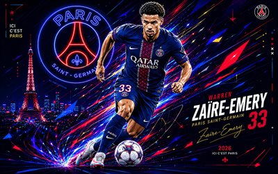 4k, Warren Zaire-Emery, PSG, vector art, blue abstract vector background, Warren Zaire-Emery PSG, creative art, PSG logo, Warren Zaire-Emery Paris Saint-Germain, football, Paris Saint-Germain