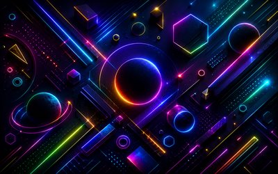 4k, renkli neon figürler, geometrik şekiller, fütüristik 3d arka plan, yaratıcı, karanlık 3d arka plan, sanat eseri, renkli arka plan, renkli neon ışıklar, şekiller, 3 boyutlu arka planlar