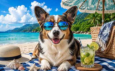 hırka galce corgi, 4k, yaz, tropikal plaj, plaj aksesuarları, deniz, şezlong, güneş gözlüğü, hırka welsh corgi sahilde, köpekler, kokteyl, sahil, evcil hayvanlar, corgi, güneş gözlüğü takan köpek, hırka welsh corgi köpek