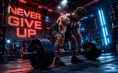 Never Give Up, 4k, cyberpunk, deadlift, neon letters, gym, motivation quotes, Never Give Up inscription, man with barbell, red neon letters, barbell, motivation, Never Give Up concepts