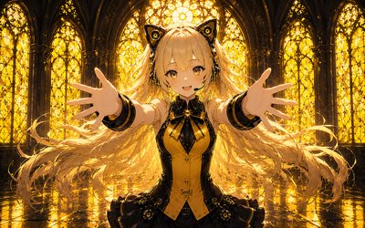 SeeU, gothic, darkness, Vocaloid, stained glass windows, girl with yellow hair, protagonist, manga, Vocaloid characters, japanese virtual singers, SeeU Vocaloid