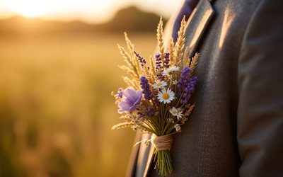 Boutonniere of wildflowers, groom with boutonniere, wildflowers, wedding concepts, floral decorations, wedding