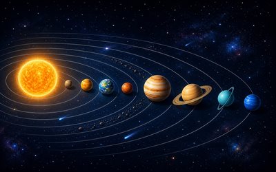 4k, Solar system planets, orbits, isometric art, astronomy, universe, Sun, Mercury, Venus, Earth, Mars, Jupiter, Saturn, Uranus, Neptune, Solar system, planets, planetary system, galaxy, Solar system concepts