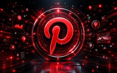 Pinterest 3D logo, 4k, red futuristic background, red neon rays, social networks, Pinterest futuristic logo, Pinterest metal logo, brands, Pinterest logo, Pinterest