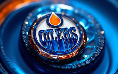 edmonton oilersin lasilogo, 4k, oranssi sininen metalli tausta, nhl, edmonton oilersin logo, lasitaidetta, edmonton oilersin tunnus, usa, edmonton oilers, jääkiekko