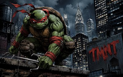 4k, Raphaelon roof, knives, comics art, Teenage Mutant Ninja Turtles, nighscape, TMNT characters, Mutated Turtles, Raphael, TMNT, ninja turtles, Raphael TMNT, Raphael 4K