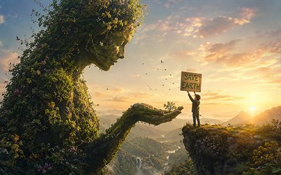 Save Earth, 4K, nature and people, creative eco concepts, environment, ocean pollution, nature silhouette, ecology concepts, Save Earth concepts, paper art, ecology, take care of nature