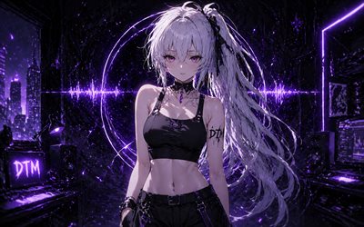 Yowane Haku, violet neon lights, night, Vocaloid, girl with purple hair, DTM, protagonist, manga, Vocaloid characters, Haku Yowane, japanese virtual singers, Yowane Haku Vocaloid