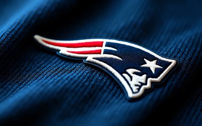 New England Patriots logo, 4k, blue wavy fabric background, NBA, metal art, New England Patriots emblem, USA, New England Patriots, American football, New England Patriots fabric logo, NFL