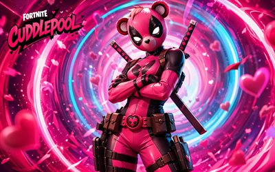 4k, Cuddlepool Fortnite, 3D hearts, pink 3D background, Fortnite, creative, Cuddlepool Skin, Fortnite Cuddlepool Skin, Cuddlepool, Fortnite characters