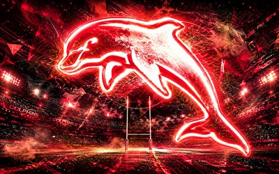 Dolphins abstract logo, 4k, red white abstract background, rugby stadium, NRL, rugby, Dolphins logo, Dolphins emblem, australian rugby team, Dolphins