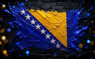 4k, bosnien och hercegovinas flagga, kreativ, bosnien och hercegovina målar flaggan, svart tegelvägg, måla konst, bosniska flaggan, färgstänk, konstverk, bosniska nationella symboler, bosnien och hercegovina