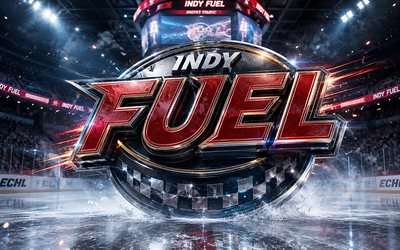 4k, logotipo metálico de indy fuel, focos, arena de hielo, echl, creativo, hockey, logotipo de combustible indy, estadio de hockey, logotipo 3d de combustible indy, equipo de hockey americano, combustible indio