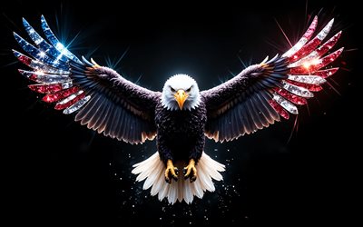 águila calva, 4k, bandera americana en las alas de un águila, bandera de estados unidos, bandera americana, aves de presa, eeuu, arte creativo