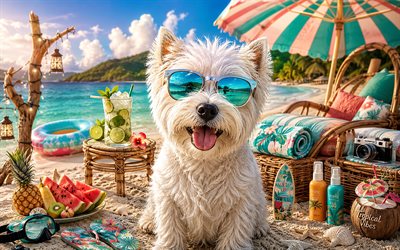 batı highland beyaz teriyeri, 4k, yaz, tropikal plaj, şezlong, güneş gözlüğü, batı highland beyaz teriyeri sahilde, köpekler, kokteyl, evcil hayvanlar, güneş gözlüğü takan köpek, west highland beyaz teriyer köpeği