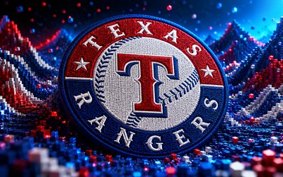 Texas Rangers fabric logo, 4k, blue red 3D background, MLB, baseball, Texas Rangers logo, Texas Rangers emblem, american baseball team, Texas Rangers