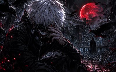 Ken Kaneki, 4k, night, black raven, Tokyo Ghoul characters, street, Kaneki Ken, mask, protagonist, Tokyo Ghoul, Ken Kaneki art, Ken Kaneki Tokyo Ghoul