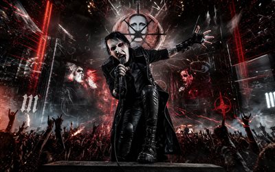 Marilyn Manson, 4k, fans, rock concert, rock stars, stage, music stars, Brian Hugh Warner, Marilyn Manson on concert, Marilyn Manson logo, american rock singer, Marilyn Manson art, american celebrity, Marilyn Manson 4K