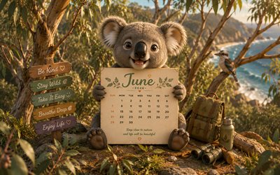 haziran 2026 takvimi, 4k, sahilde sevimli koala, 2026 haziran takvimi, küçük koala, haziran, 2026 takvimleri, haziran takvimi 2026, yaz, sahil