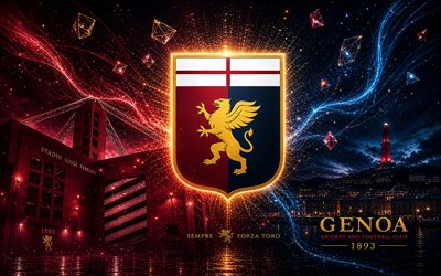 Genoa CFC, 4k, Italian football club, Genoa CFC logo, football art, blue abstract background, Genoa CFC emblem, Serie A, football, Italy, Genoa logo, Genoa, Stadio Luigi Ferraris, Rossoblu