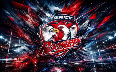 شعار سيدني روسترز مجردة, 4k, خلفية مجردة حمراء, ملعب الرجبي, nrl, لعبة الركبي, شعار سيدني روسترز, فريق الرجبي الأسترالي, سيدني روسترز