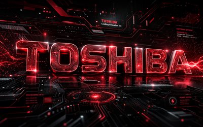 Toshiba 3D logo, 4k, red futuristic background, red neon rays, electronics brands, Toshiba futuristic logo, Toshiba metal logo, brands, Toshiba logo, Toshiba
