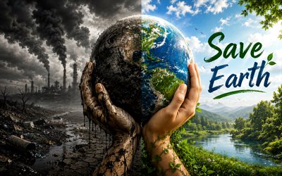 4k, Globe in hands, environmental pollution, 3D art, ecology concepts, protect nature, environment concepts, eco concepts, heavy industry, Save Earth, harm to the environment, green tree and factories, Save Earth concepts