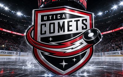 4k, Utica Comets metal logo, spotlights, ice arena, ECHL, creative, hockey, Utica Comets logo, hockey stadium, Utica Comets 3D logo, american hockey team, Utica Comets