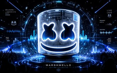 4k, DJ Marshmello, blue futuristic background, concert, Christopher Comstock, blue neon lights, Marshmello mask, music stars, DJ Marshmello logo, american DJ, superstars, Marshmello, DJs, Marshmello 4K