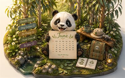haziran 2026 takvimi, 4k, okaliptüs korusunda sevimli panda, 2026 haziran takvimi, küçük panda, haziran, 2026 takvimleri, haziran takvimi 2026, yaz, okaliptüs korusu
