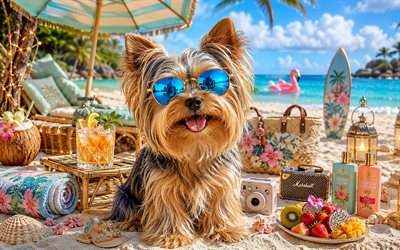 yorkshire teriyeri, 4k, yaz, tropikal plaj, plaj aksesuarları, deniz, şezlong, güneş gözlüğü, yorkshire terrier sahilde, köpekler, kokteyl, sevimli hayvanlar, sahil, evcil hayvanlar, güneş gözlüğü takan köpek, yorkshire teriyer köpeği