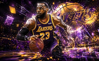 4k, LeBron James, violet digital background, Los Angeles Lakers, NBA, fan art, Los Angeles Lakers logo, LeBron James 4K, basketball, LeBron James Lakers, LA Lakers