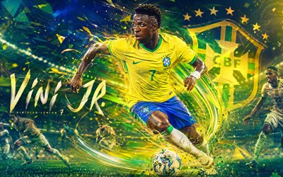 Vinicius Junior, Brazil national football team, creative art, yellow green abstract digital background, Vinicius Junior Brazil, Brazil national football team logo, Brazil, football, Vinicius Jr