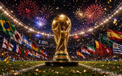 2026 FIFA World Cup, 4k, flags, football stadium, golden confetti, FIFA World Cup Trophy, fireworks, football, FIFA World Cup art, FIFA World Cup 2026, golden trophy, soccer, FIFA World Cup