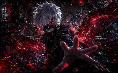 Ken Kaneki, 4k, red eye, abstract art, Tokyo Ghoul characters, red glow, Kaneki Ken, mask, protagonist, Tokyo Ghoul, Ken Kaneki art, Ken Kaneki Tokyo Ghoul