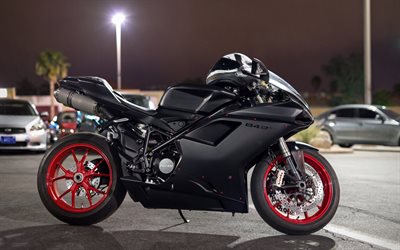 Ducati 848, motos deportivas, de noche, aparcamiento, gris ducati