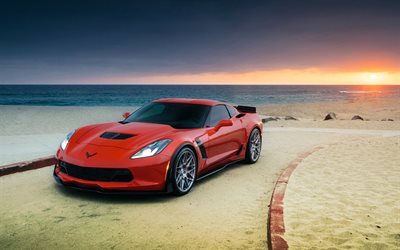 superautot, 2016, chevrolet corvette c7, urheiluautot, rannikko, punainen corvette