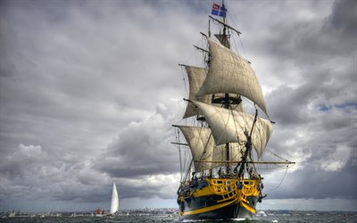 フリゲート, グランドturk, 帆船, 雲, レガッタ, hdr