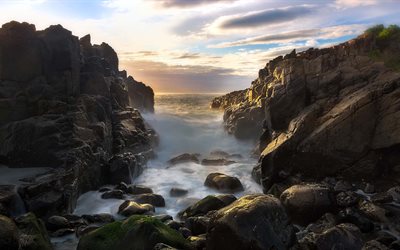 sunrise, morning, ocean, coast, waves, bay, stones, New South Wales, Australia