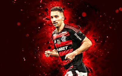 4k, Leo Ortiz, red abstract background, Flamengo FC, Brazilian Serie A, brazilian footballers, Leo Ortiz 4K, red neon lights, football, soccer, Flamengo RJ, Leo Ortiz Flamengo