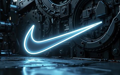 4k, Nike white neon logo, bokeh, grunge art, black metal backgrounds, Nike 3D logo, Nike metal logo, creative, Nike neon logo, Nike logo, fashion brands, Nike