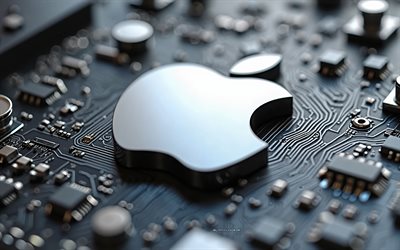 logo 3d di mela argento, 4k, scheda madre d'argento, logo apple, emblema di mela, mela, sfondo d'argento hi tech, logo di mela argento