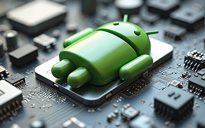 logo 3d green android, 4k, scheda madre d'argento, logo android, emblema ethereum, android, sfondo d'argento hi tech, robot verde android, android silver logo