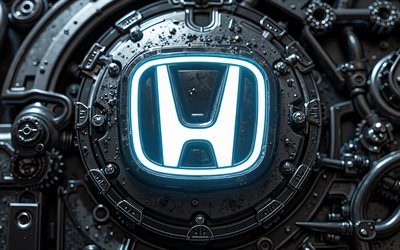logo honda white neon, 4k, bokeh, sfondi metallici, luci al neon bianca, logo honda 3d, opera d'arte, logo honda metal, logo honda, marchi di auto, honda