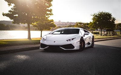 Lamborghini Huracan, front view, exterior, evening, sunset, new white Huracan, white supercar, Italian cars, supercars, Lamborghini