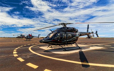 4k, 벨 429, 공항, 다목적 헬리콥터, 민간 항공, 검은 헬리콥터, 비행, 벨, 헬리콥터와 사진