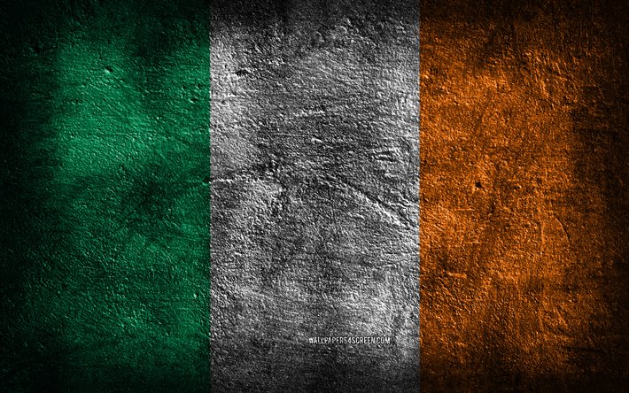 4k, irlanda bayrağı, taş doku, taş arka plan, grunge sanat, irlanda ulusal sembolleri, irlanda